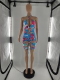 SC Sexy Printed Halter Hollow Dress+Underpant Beach 2 Piece Sets CQF-957