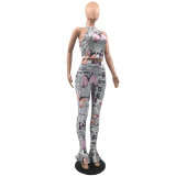 SC Fashion Print Sleeveless Top And Flared Pants Two Piece Sets QSF-5085