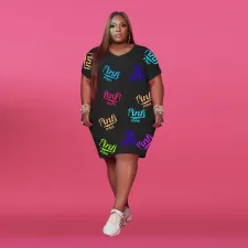 SC Plus Size Pink Letter Print Short Sleeve Midi Dress XMF-058