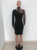 SC Black Mesh Patchwork Long Sleeve Mini Dress HTF-6067