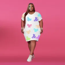 SC Plus Size Pink Letter Print Short Sleeve Midi Dress XMF-058