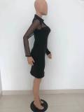 SC Black Mesh Patchwork Long Sleeve Mini Dress HTF-6067