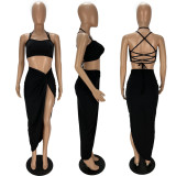 SC Solid Backless Cross Strap Split Skirt 2 Piece Sets XYF-9100