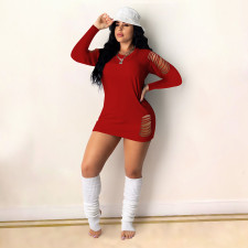 SC Fashion Plus Size Long Sleeve Solid Color Hole Mini Dress DDF-8096