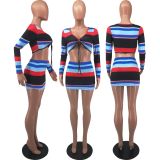 SC Sexy Striped Long Sleeve Mini Skirt 2 Piece Sets FOSF-8073