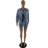 SC Plus Size Solid Cami Tops+Long Sleeve Coat+Shorts 3 Piece Sets LP-6230