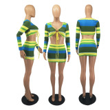 SC Sexy Striped Long Sleeve Mini Skirt 2 Piece Sets FOSF-8073