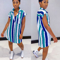 SC Plus Size Striped Short Sleeve Shirt Dress LS-0347