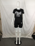 SC Plus Size Pink Letter Print T Shirt Shorts 2 Piece Suits QYF-5055