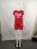 SC Plus Size Pink Letter Print T Shirt Shorts 2 Piece Suits QYF-5055