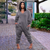 SC Plus Size Solid V Neck Long Sleeve Jumpsuits ARM-8278