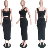 SC Solid Spaghetti Strap Maxi Skirt Hollow Two Piece Sets BGN-BN060