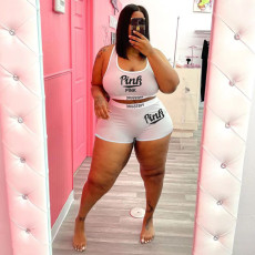 SC Plus Size Pink Letter Print Two Piece Short Sets WAF-7185