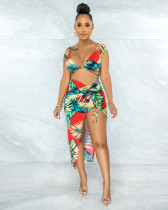 SC Floral Print V Neck Crop Top Split Skirt 2 Piece Sets APLF-5045