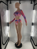 SC Plus Size Printed Lace Up Long Sleeve Bikinis 2 Piece Sets LP-6290