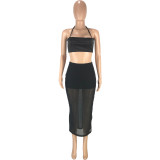 SC Sexy Halter Backless Mesh Patchwork Skirt 2 Piece Sets MEI-9175
