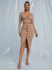 SC Sexy Long Sleeve Top Midi Skirt 2 Piece Sets YNSF-1626