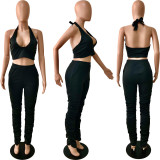 SC Solid Halter Backless Crop Top Stacked Pants 2 Piece Sets YNSF-1633