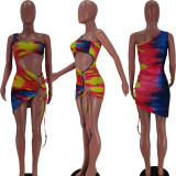 SC Sexy Tie Dye One Shoulder Hollow Mini Club Dress YIDF-1324