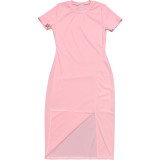 SC Fashion Casual Solid Color Short Sleeve Slit Midi Dress MEI-9178