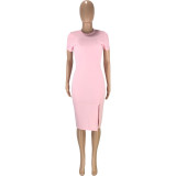 SC Fashion Casual Solid Color Short Sleeve Slit Midi Dress MEI-9178