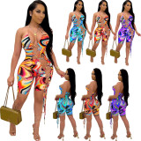 SC Halter Tie-dye Bandage Hollow Out Rompers CQ-118