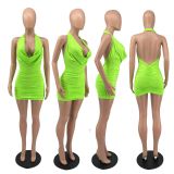 SC Sexy Deep V Halter Ruched Mini Dress (Without Belt) IV-8218