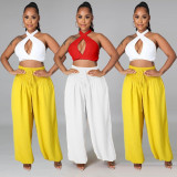 SC Hollow Out Halter Neck Cross Over Crop Top And Bloomers Two Piece Sets XSF-6055