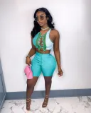 SC Contrast Color Lace Up Hollow 2 Piece Short Sets NM-8361
