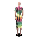 SC Printed Fashion Short Sleeve Midi Dress YIBF-6074