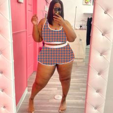 SC Plus Size Houndstooth Print Casual 2 Piece Shorts Set MX-1196