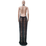 SC Solid Knitted Halter Hollow Out Maxi Dress TR-1150