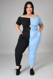 SC Plus Size Contrast Color Off Shoulder Two Piece Pant Sets YH-004