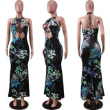 SC Floral Print Lace Up Halter Hollow Maxi Dress WY-6791