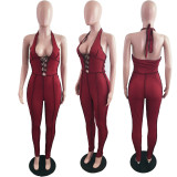 SC Plus Size Sexy Halter Backless Lace Up Jumpsuit LX-5800