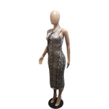 SC Snaki Skin Print Lace Up Hollow Midi Dress BLI-2307