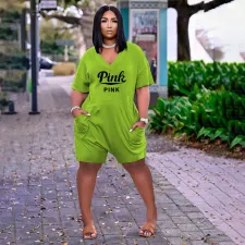 SC Plus Size Pink Letter Print Loose Romper BDF-8068