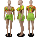SC Sexy Printed V Neck Crop Top Mini Skirt 2 Piece Sets APLF-5058