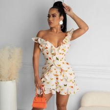 SC Butterfly Print Ruffled V Neck Backless Romper YM-9295