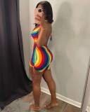 SC Colorful Striped Halter Hollow Out Mini Dress OY-6289