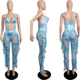 SC Sexy Tie Dye Mesh Bodysuit+Ruffled Pants 2 Piece Sets MIL-219