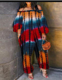 SC Plus Size Tie Dye Print Slash Neck Long Sleeve Jumpsuit BDF-8071