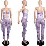 SC Sexy Tie Dye Mesh Bodysuit+Ruffled Pants 2 Piece Sets MIL-219