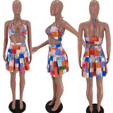 SC Sexy Printed Halter Pleated Mini Skirt 2 Piece Sets XSF-6056