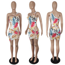 SC Floral Print One Shoulder Sleeveless Hollow Mini Dress YIY-5293