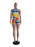 SC Colorful Stripe V Neck Sashes One Piece Rompers YIY-5170