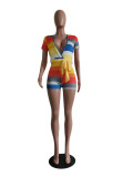 SC Colorful Stripe V Neck Sashes One Piece Rompers YIY-5170