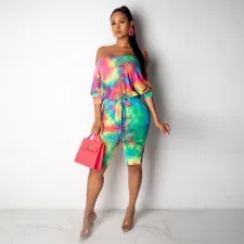 SC Plus Size Tie Dye Slash Neck Sashes Romper SH-3593