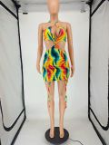 SC Sexy Printed Strappy Backless Hollow Ruched Mini Dress NLAF-6070
