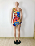 SC Colorful Printed One Shoulder Ruched Mini Dress YNSF-1636